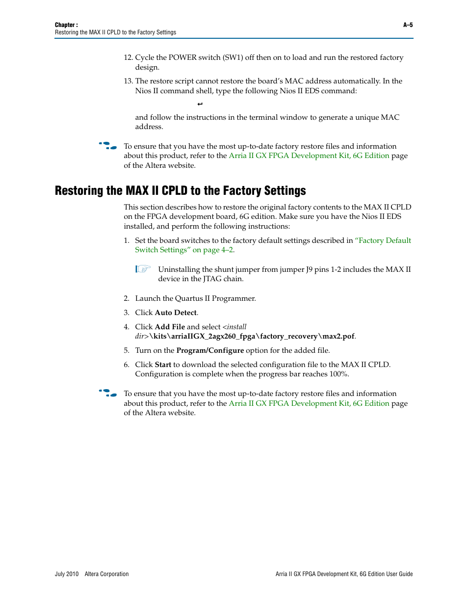 Restoring the max ii cpld to the factory settings | Altera Arria II GX FPGA User Manual | Page 45 / 48