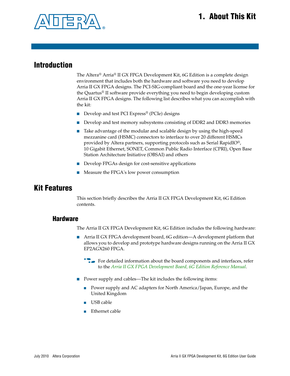 About this kit, Introduction, Kit features | Hardware, Chapter 1. about this kit, Introduction –1 kit features –1, Hardware –1 | Altera Arria II GX FPGA User Manual | Page 5 / 48