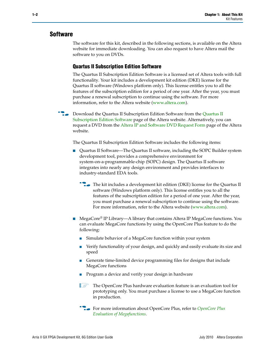 Software, Quartus ii subscription edition software, Software –2 | Quartus ii subscription edition software –2 | Altera Arria II GX FPGA User Manual | Page 6 / 48