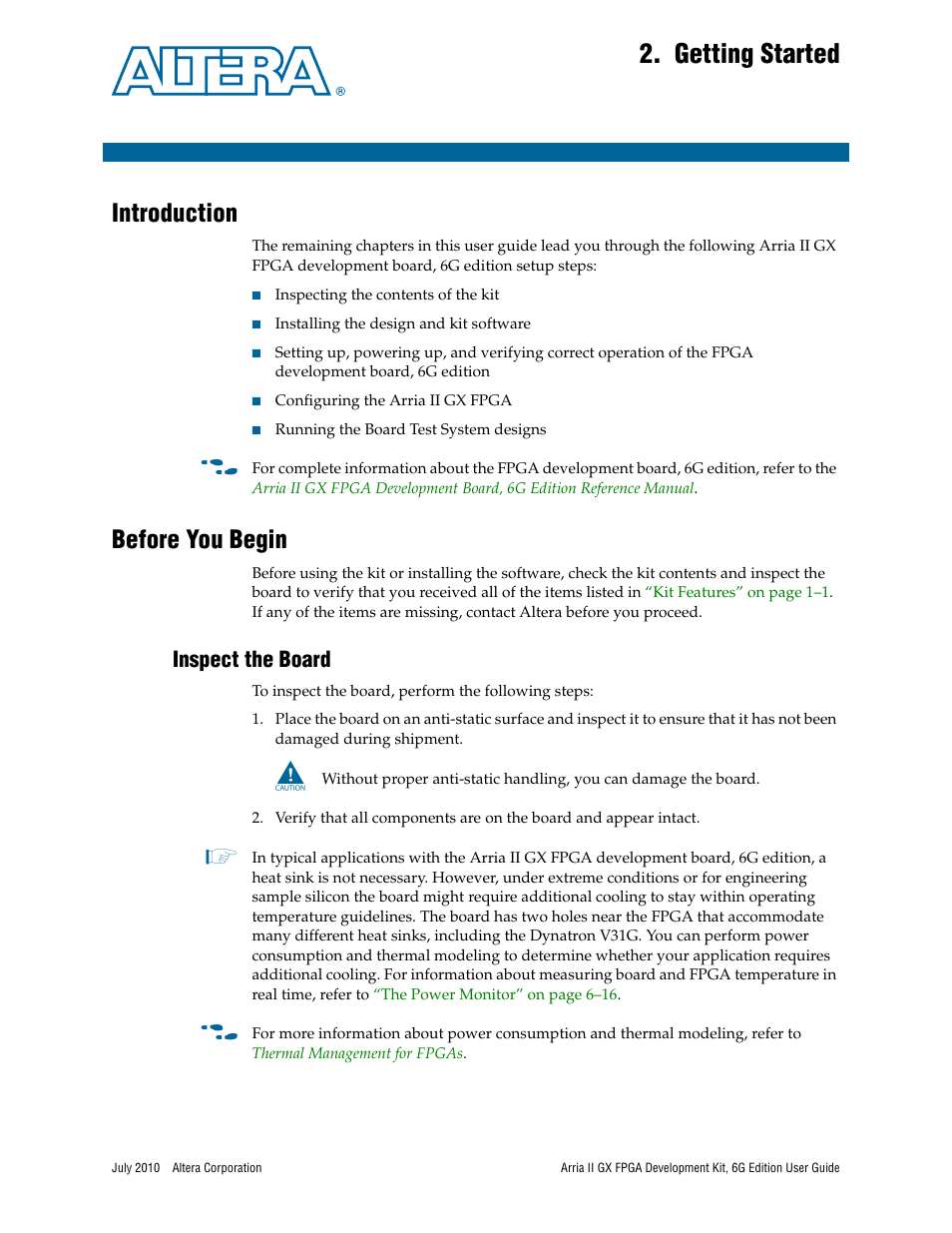Getting started, Introduction, Before you begin | Inspect the board, Chapter 2. getting started, Introduction –1 before you begin –1, Inspect the board –1 | Altera Arria II GX FPGA User Manual | Page 9 / 48