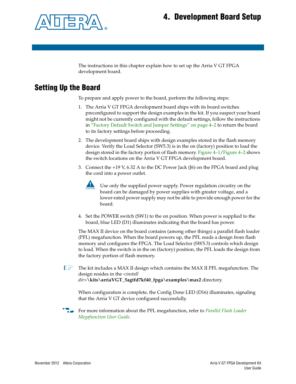 Development board setup, Setting up the board, Chapter 4. development board setup | Setting up the board –1 | Altera Arria V GT FPGA User Manual | Page 15 / 58