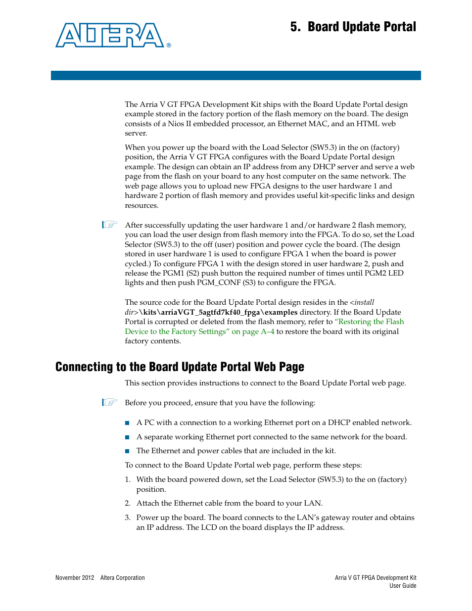 Board update portal, Chapter 5. board update portal, Connecting to the board update portal web page | Altera Arria V GT FPGA User Manual | Page 21 / 58