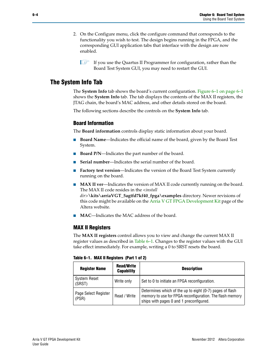 The system info tab, Board information, Max ii registers | The system info tab –4, Board information –4 max ii registers –4 | Altera Arria V GT FPGA User Manual | Page 26 / 58