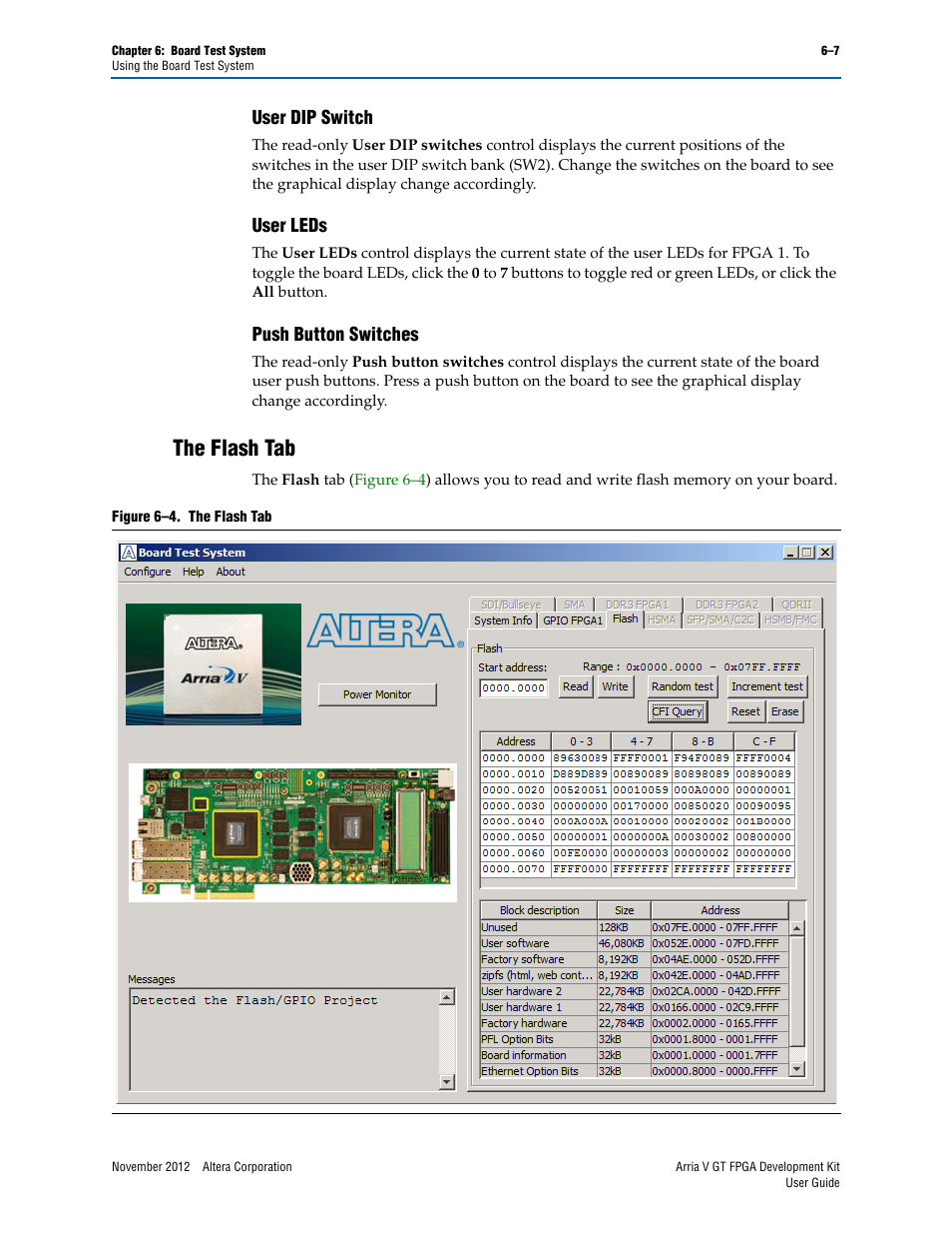 User dip switch, User leds, Push button switches | The flash tab, The flash tab –7 | Altera Arria V GT FPGA User Manual | Page 29 / 58