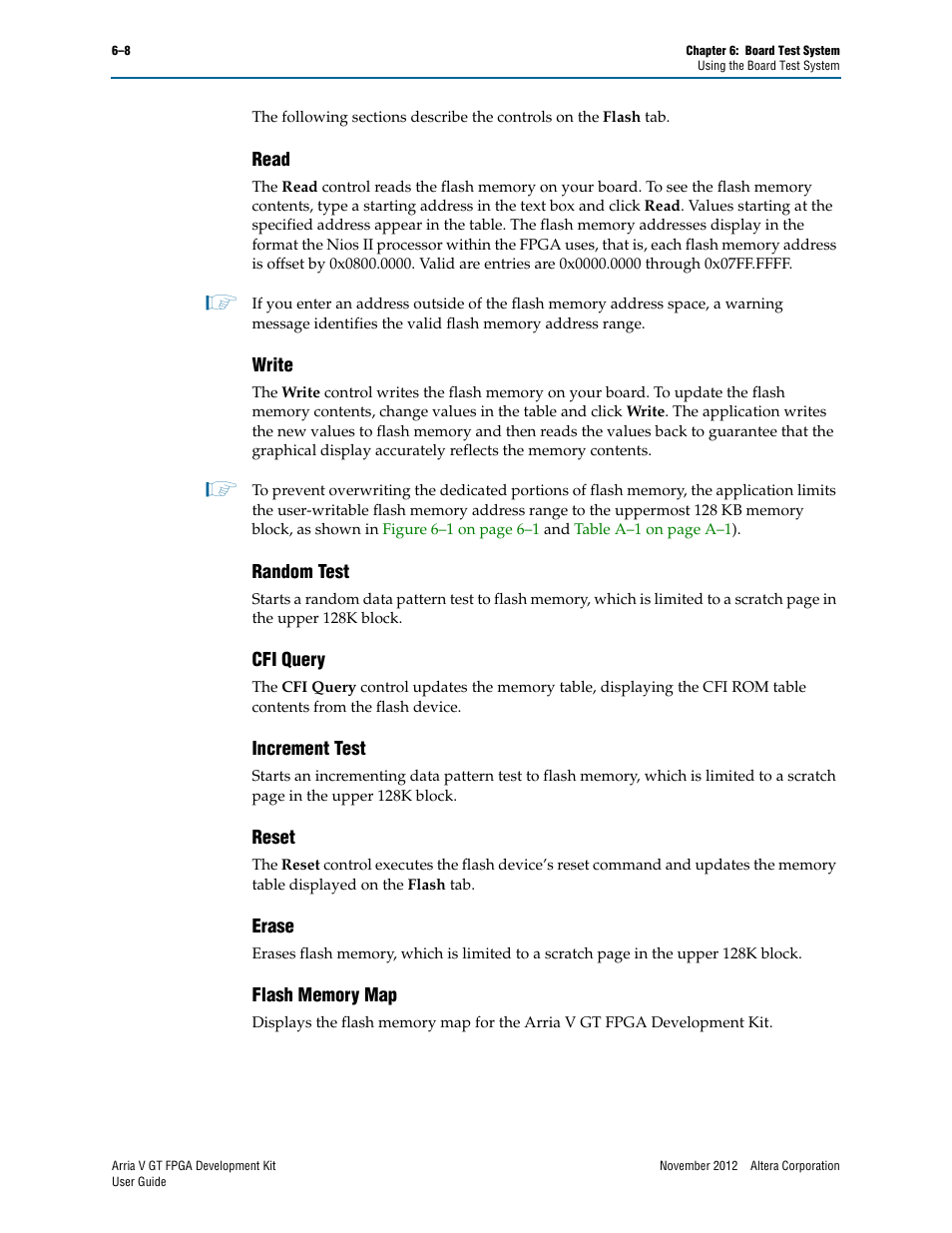 Read, Write, Random test | Cfi query, Increment test, Reset, Erase, Flash memory map, Flash memory map –8 | Altera Arria V GT FPGA User Manual | Page 30 / 58