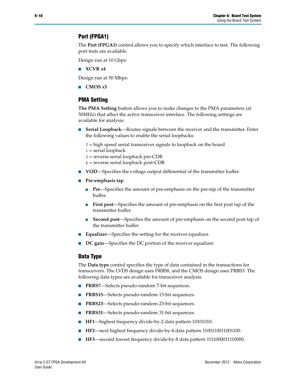 Port (fpga1), Pma setting, Data type | Port (fpga1) –10 pma setting –10 data type –10 | Altera Arria V GT FPGA User Manual | Page 32 / 58