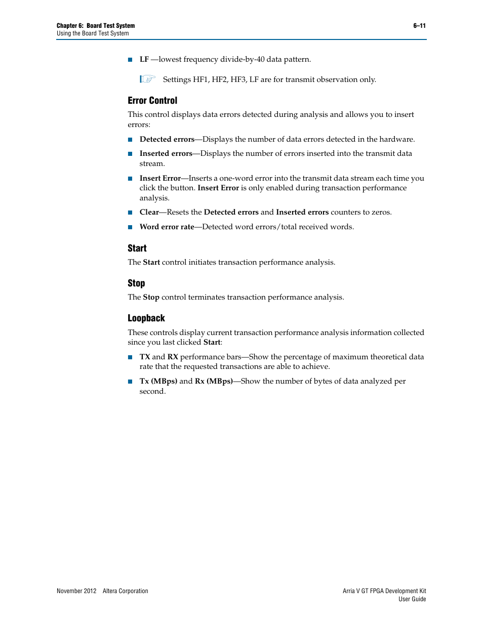 Error control, Start, Stop | Loopback, Error control –11 start –11 stop –11 loopback –11 | Altera Arria V GT FPGA User Manual | Page 33 / 58