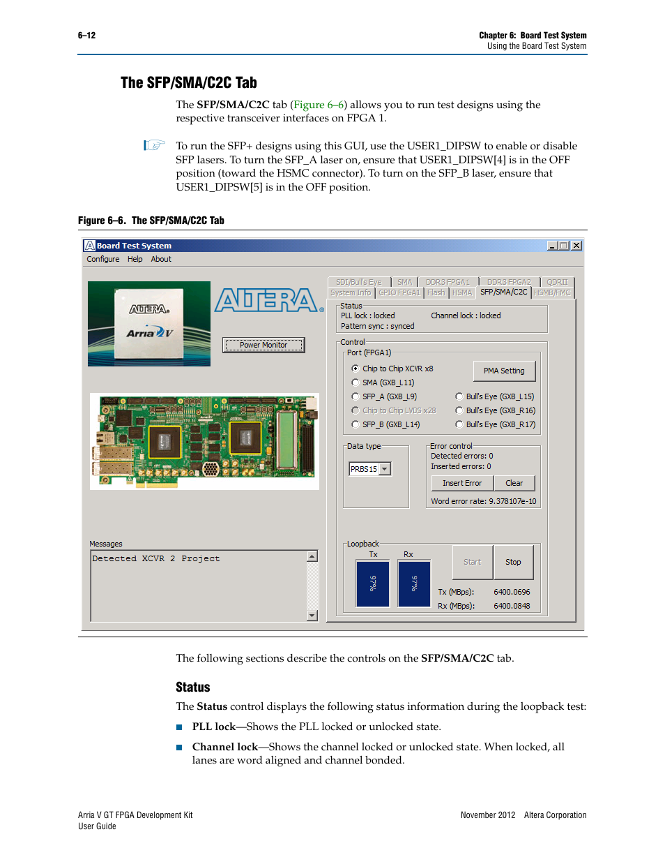 The sfp/sma/c2c tab, Status, The sfp/sma/c2c tab –12 | Status –12 | Altera Arria V GT FPGA User Manual | Page 34 / 58