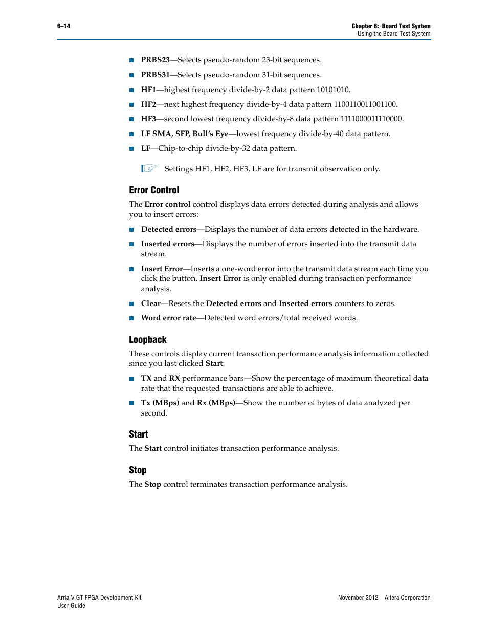 Error control, Loopback, Start | Stop, Error control –14 loopback –14 start –14 stop –14 | Altera Arria V GT FPGA User Manual | Page 36 / 58