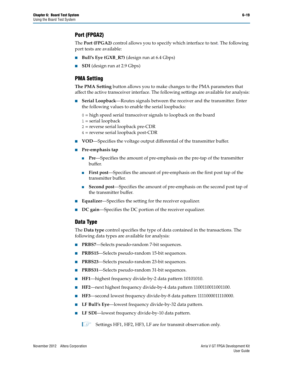 Port (fpga2), Pma setting, Data type | Port (fpga2) –19 pma setting –19 data type –19 | Altera Arria V GT FPGA User Manual | Page 41 / 58