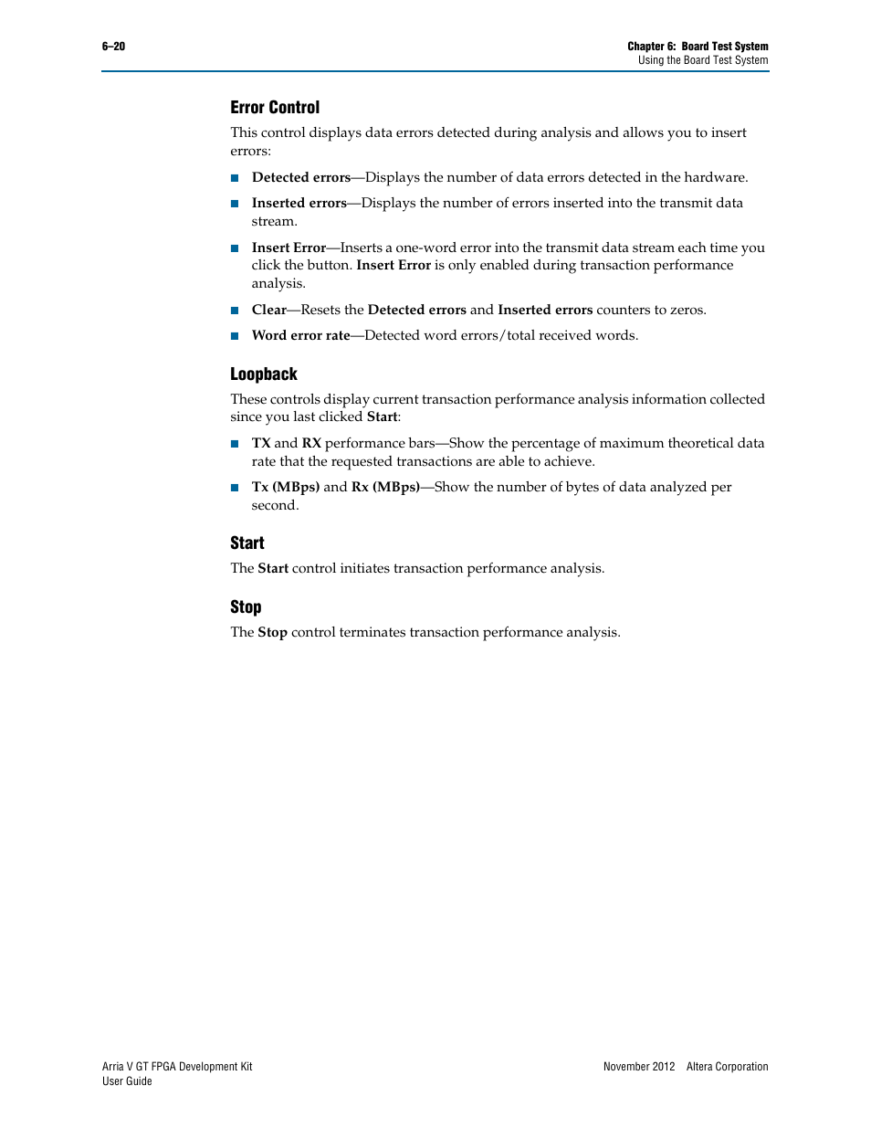 Error control, Loopback, Start | Stop, Error control –20 loopback –20 start –20 stop –20 | Altera Arria V GT FPGA User Manual | Page 42 / 58