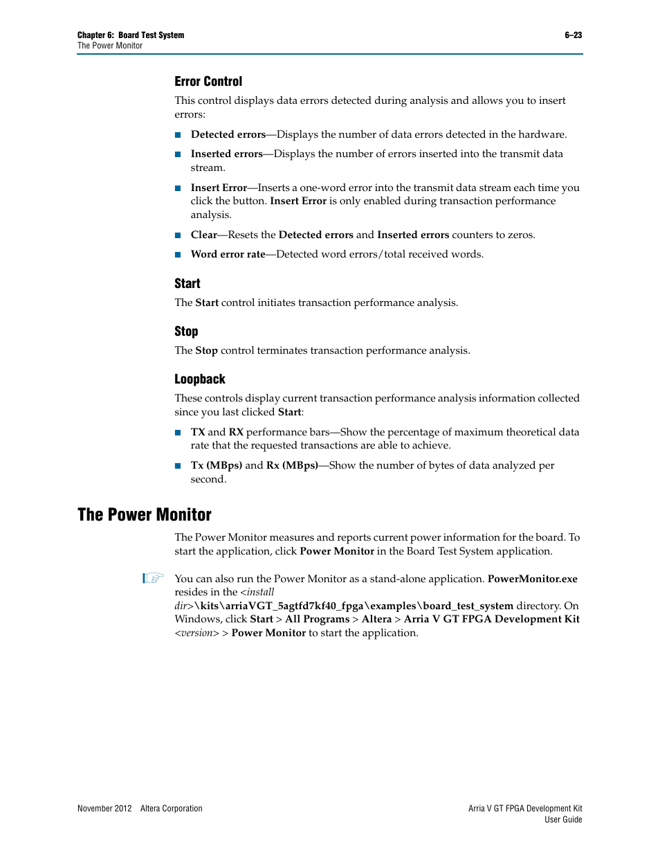 Error control, Start, Stop | Loopback, The power monitor, Error control –23 start –23 stop –23 loopback –23, The power monitor –23 | Altera Arria V GT FPGA User Manual | Page 45 / 58