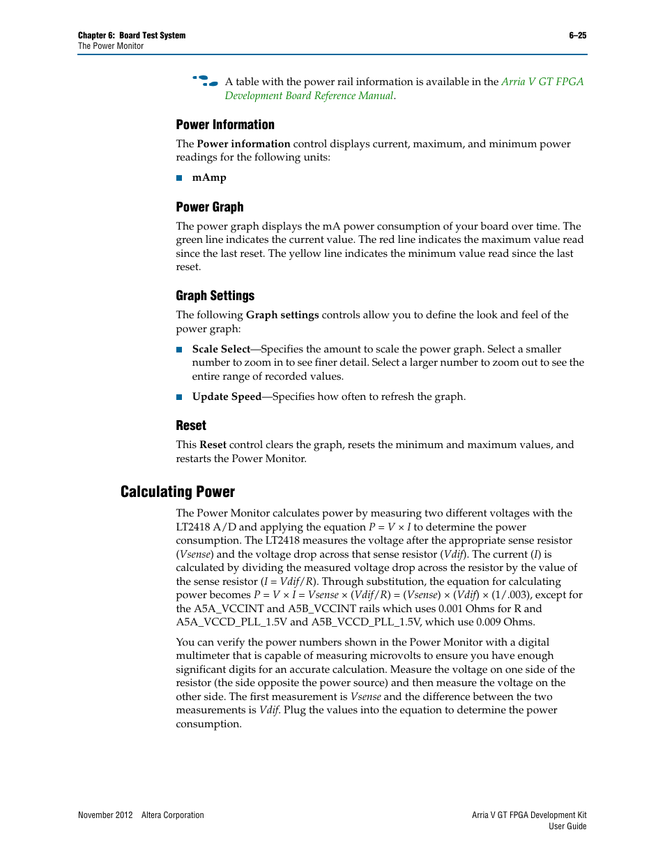 Power information, Power graph, Graph settings | Reset, Calculating power, Calculating power –25 | Altera Arria V GT FPGA User Manual | Page 47 / 58