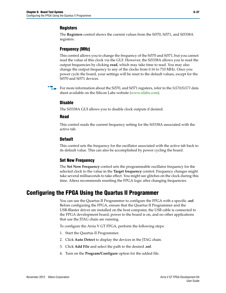 Registers, Frequency (mhz), Disable | Default, Set new frequency | Altera Arria V GT FPGA User Manual | Page 49 / 58