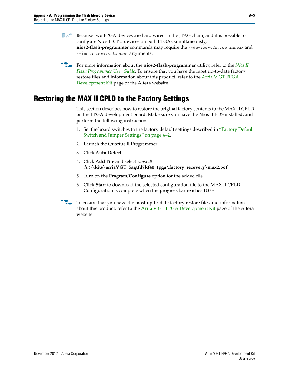 Restoring the max ii cpld to the factory settings | Altera Arria V GT FPGA User Manual | Page 55 / 58