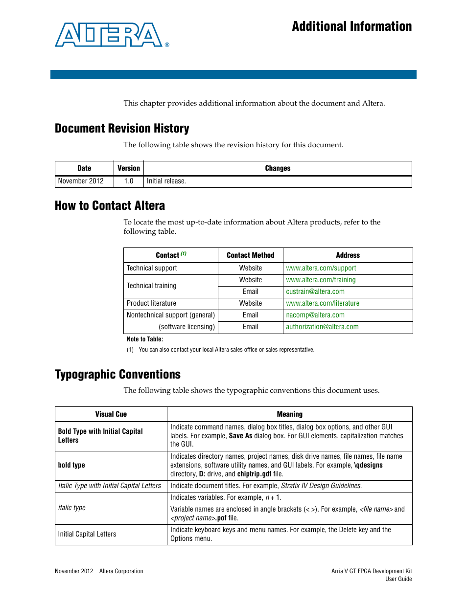 Additional information, Document revision history, How to contact altera | Typographic conventions | Altera Arria V GT FPGA User Manual | Page 57 / 58