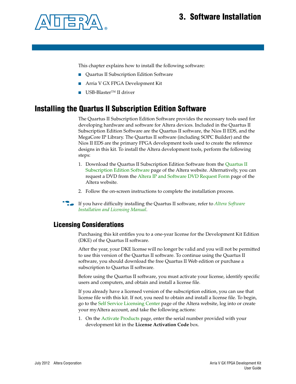 Software installation, Licensing considerations, Chapter 3. software installation | Licensing considerations –1 | Altera Arria V GX FPGA User Manual | Page 11 / 60