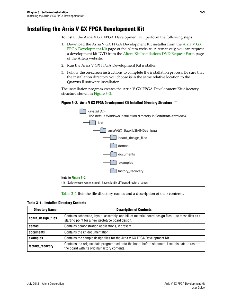 Installing the arria v gx fpga development kit, Installing the arria v gx fpga development kit –3 | Altera Arria V GX FPGA User Manual | Page 13 / 60