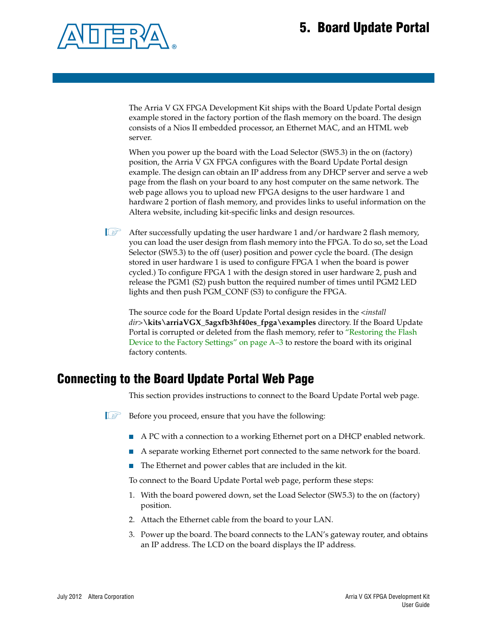 Board update portal, Chapter 5. board update portal, Connecting to the board update portal web page | Altera Arria V GX FPGA User Manual | Page 21 / 60