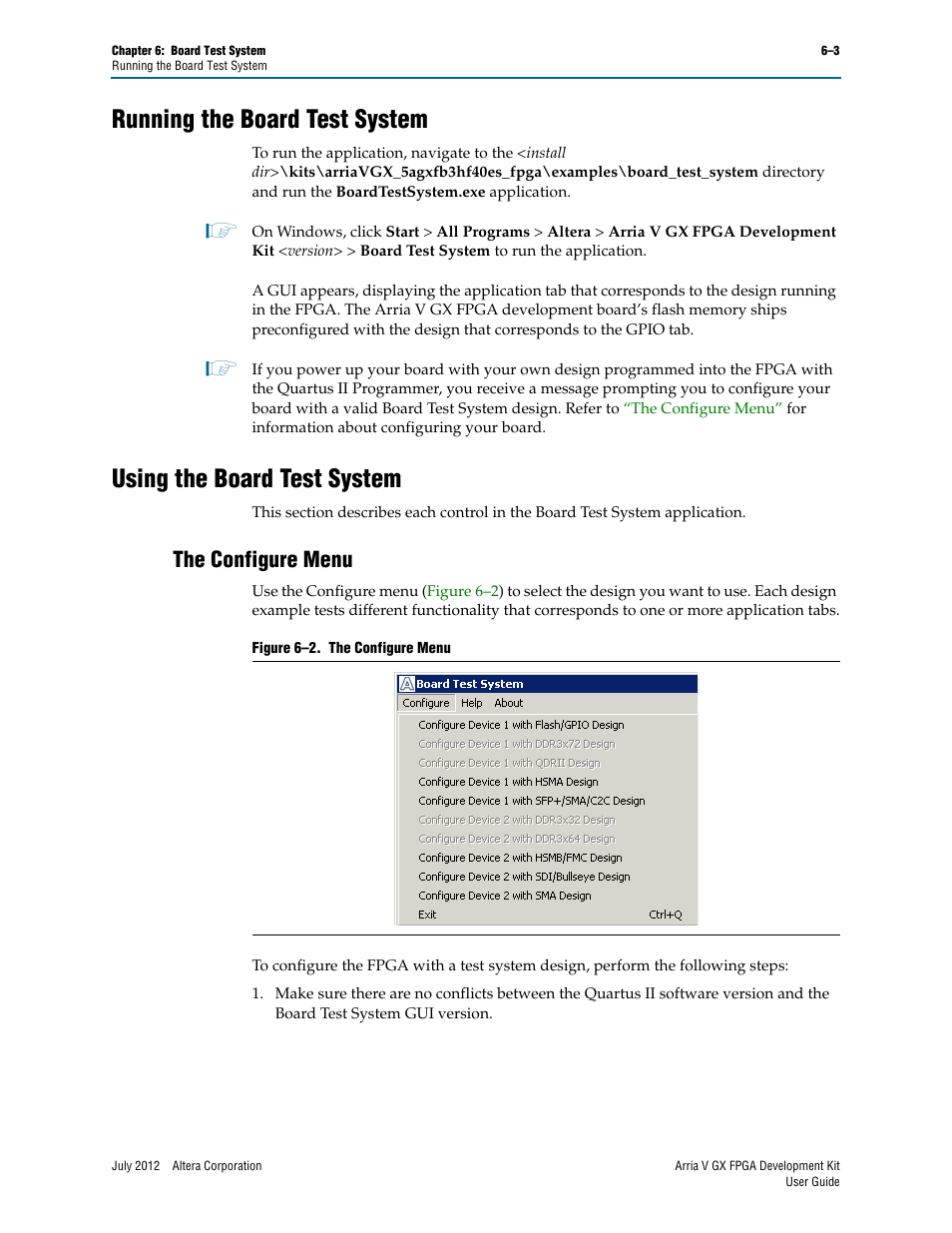 Running the board test system, Using the board test system, The configure menu | The configure menu –3 | Altera Arria V GX FPGA User Manual | Page 25 / 60