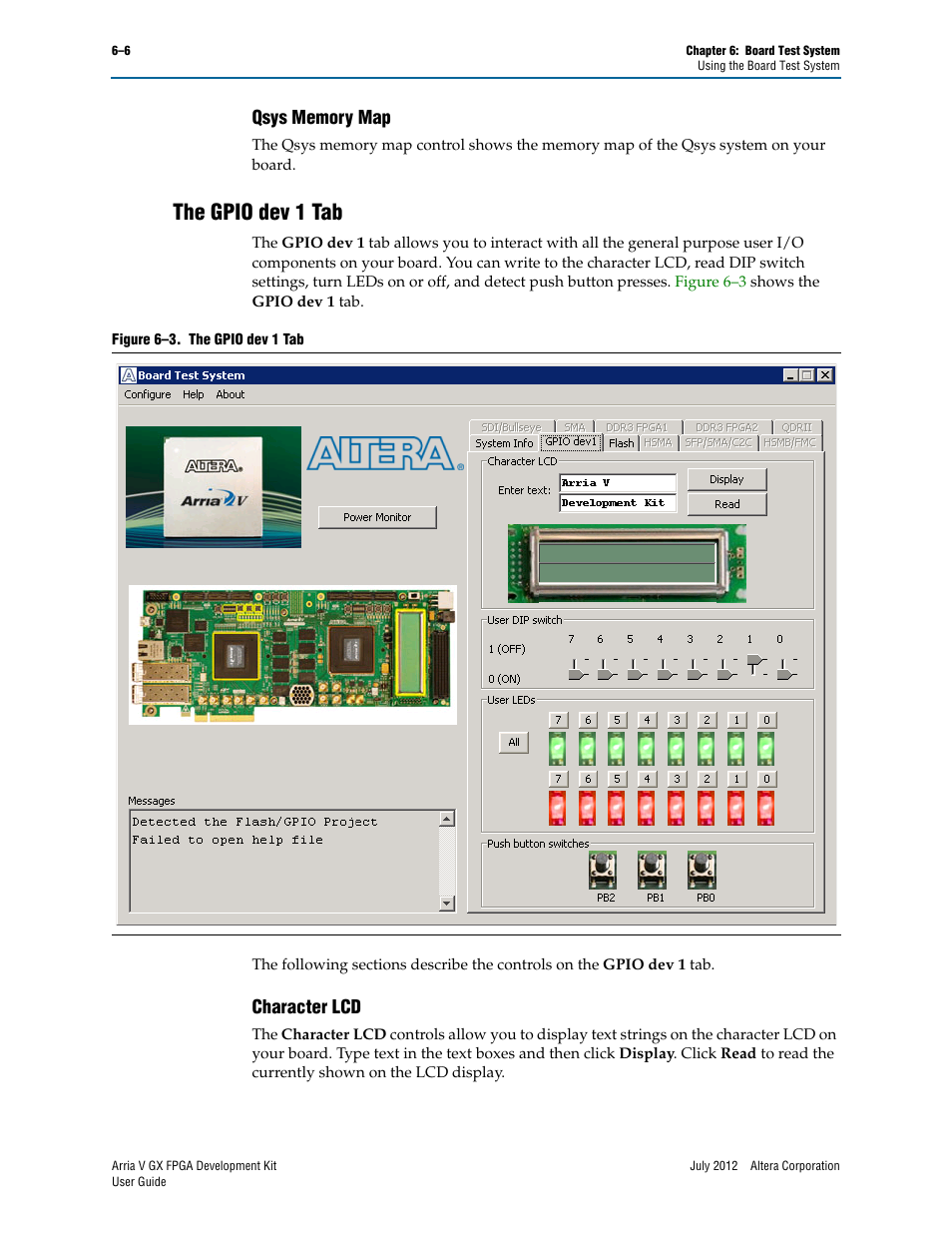 Qsys memory map, The gpio dev 1 tab, Character lcd | Qsys memory map –6, The gpio dev 1 tab –6, Character lcd –6 | Altera Arria V GX FPGA User Manual | Page 28 / 60
