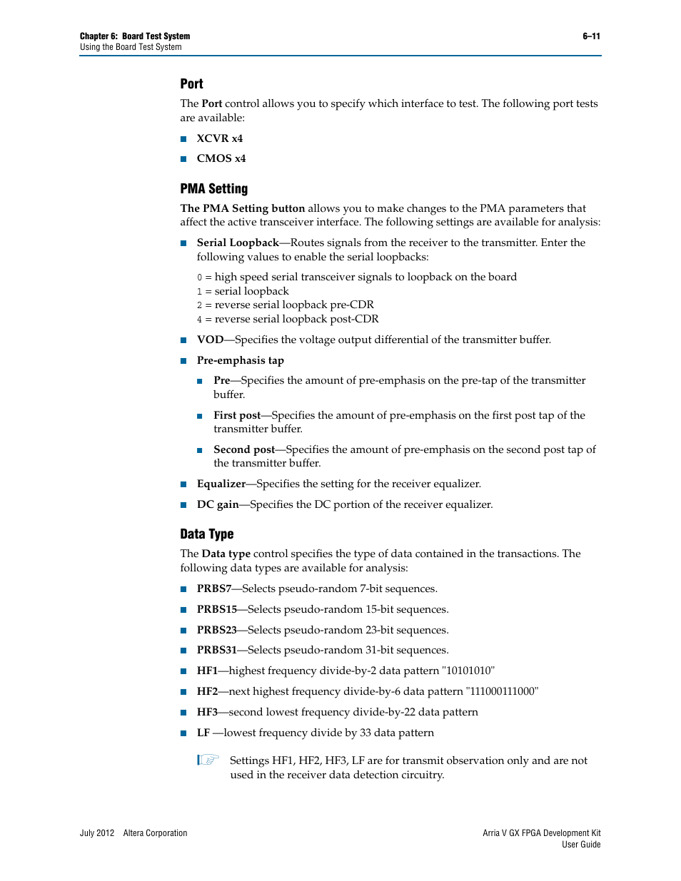 Port, Pma setting, Data type | Port –11 pma setting –11 data type –11 | Altera Arria V GX FPGA User Manual | Page 33 / 60