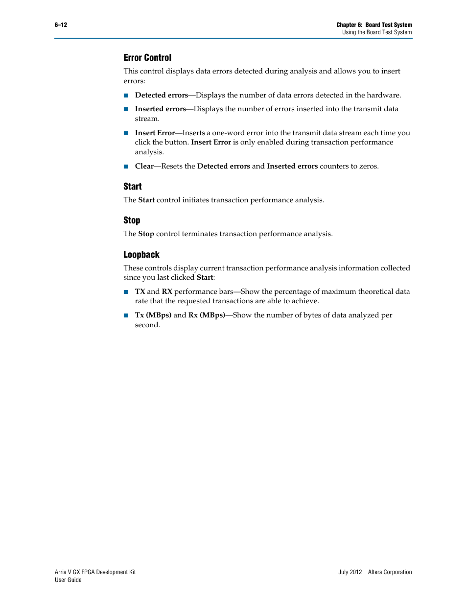 Error control, Start, Stop | Loopback, Error control –12 start –12 stop –12 loopback –12 | Altera Arria V GX FPGA User Manual | Page 34 / 60
