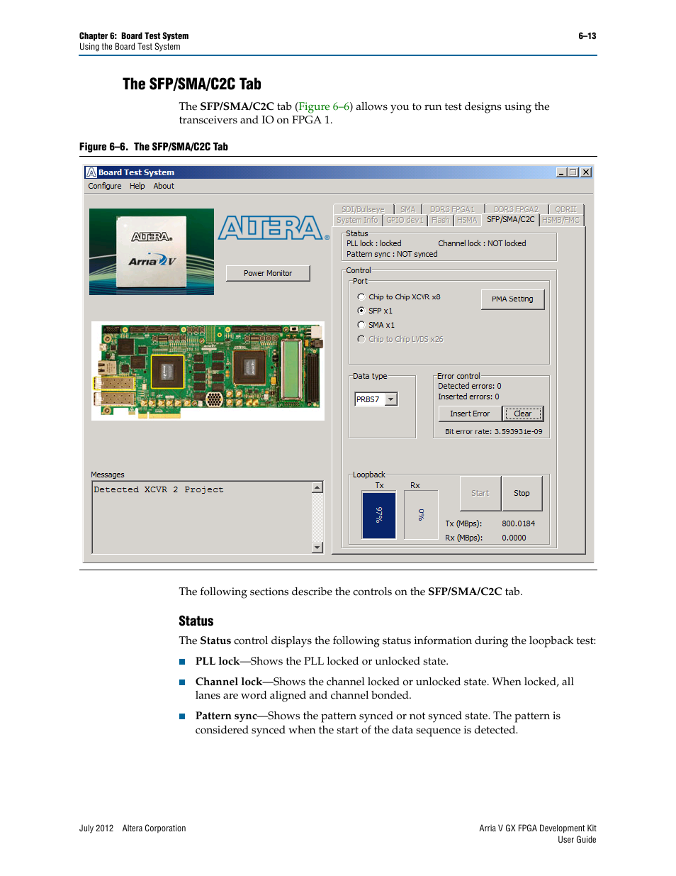 The sfp/sma/c2c tab, Status, The sfp/sma/c2c tab –13 | Status –13 | Altera Arria V GX FPGA User Manual | Page 35 / 60