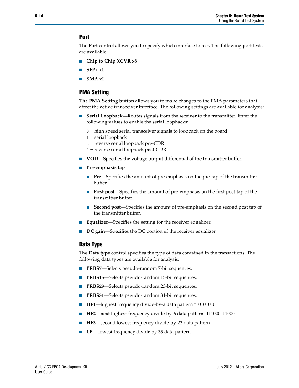 Port, Pma setting, Data type | Port –14 pma setting –14 data type –14 | Altera Arria V GX FPGA User Manual | Page 36 / 60