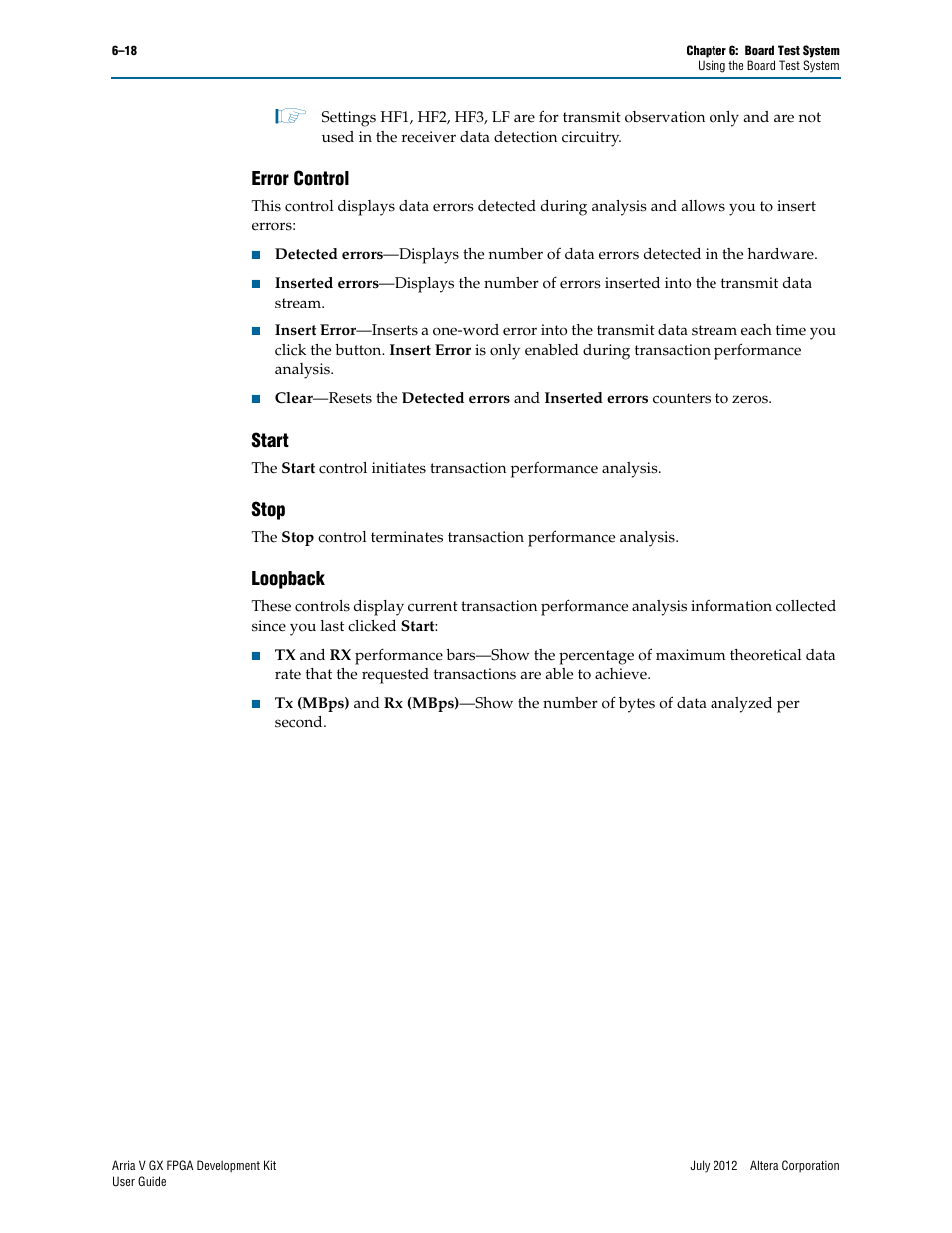 Error control, Start, Stop | Loopback, Error control –18 start –18 stop –18 loopback –18 | Altera Arria V GX FPGA User Manual | Page 40 / 60