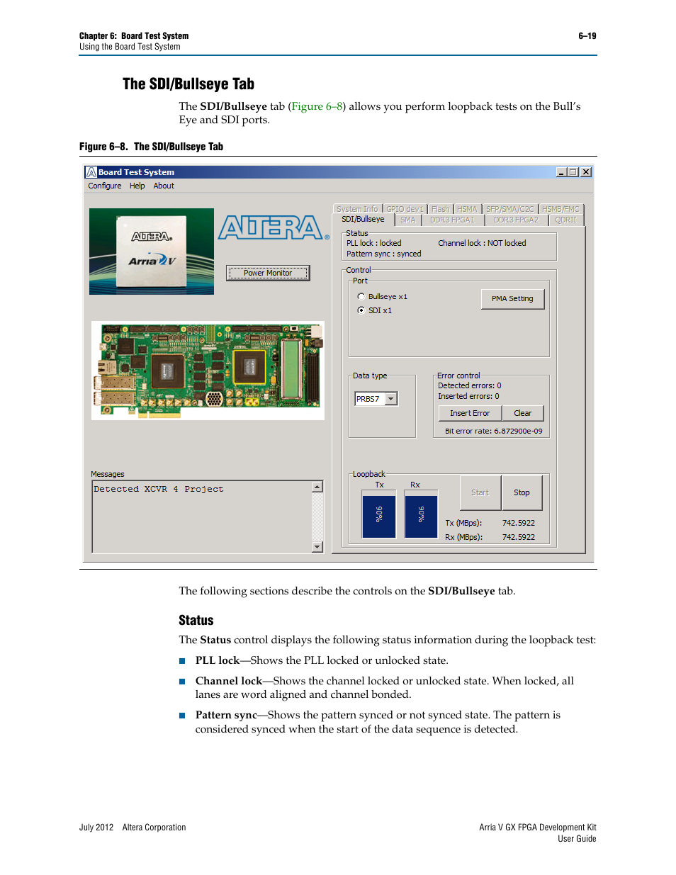 The sdi/bullseye tab, Status, The sdi/bullseye tab –19 | Status –19 | Altera Arria V GX FPGA User Manual | Page 41 / 60
