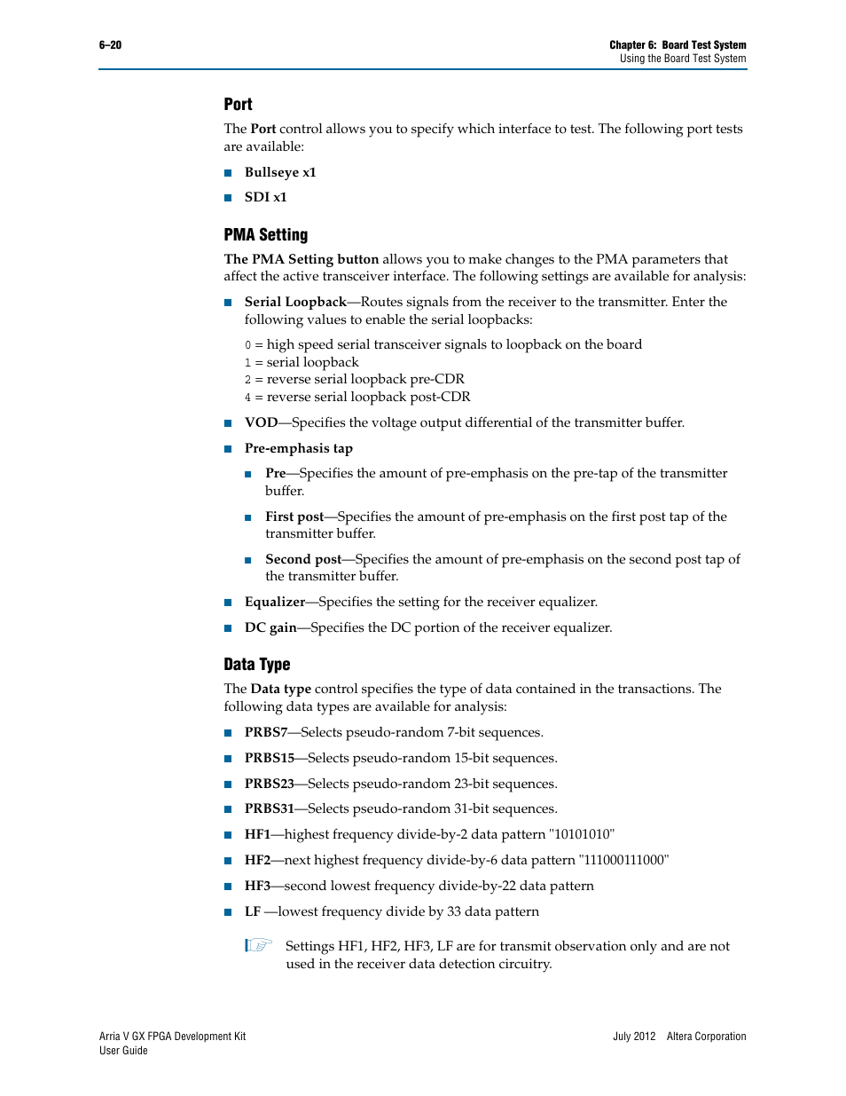 Port, Pma setting, Data type | Port –20 pma setting –20 data type –20 | Altera Arria V GX FPGA User Manual | Page 42 / 60