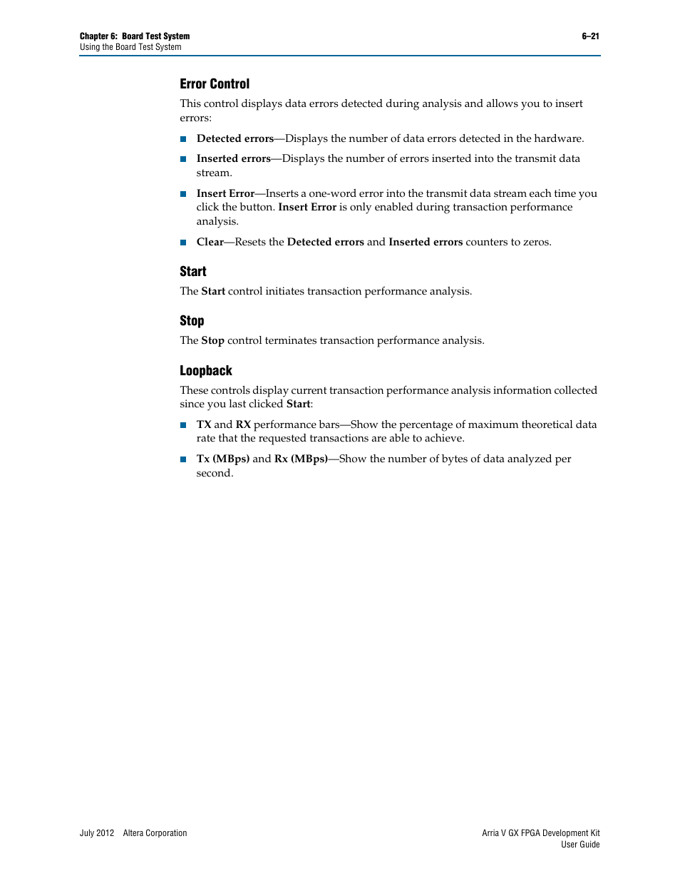 Error control, Start, Stop | Loopback, Error control –21 start –21 stop –21 loopback –21 | Altera Arria V GX FPGA User Manual | Page 43 / 60