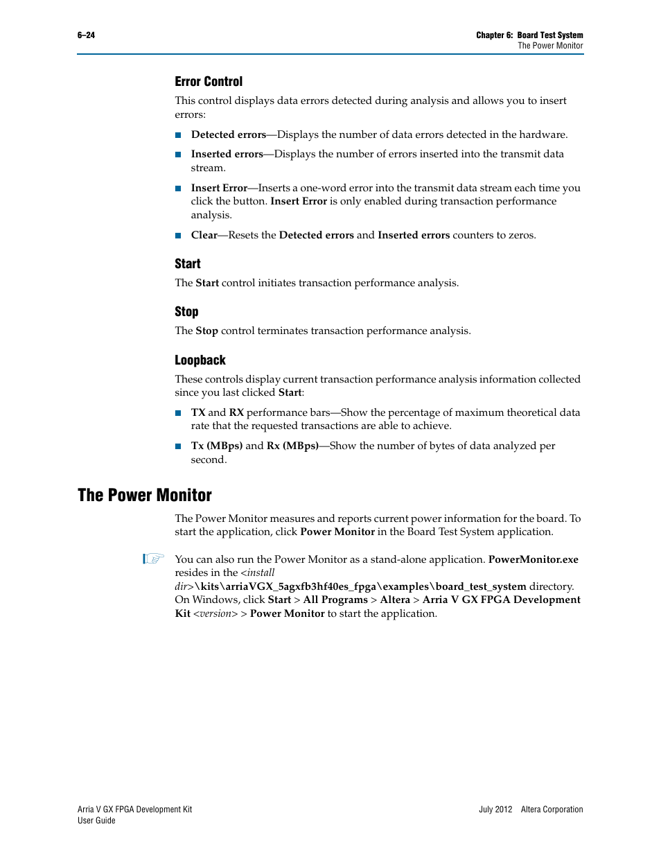 Error control, Start, Stop | Loopback, The power monitor, Error control –24 start –24 stop –24 loopback –24, The power monitor –24 | Altera Arria V GX FPGA User Manual | Page 46 / 60