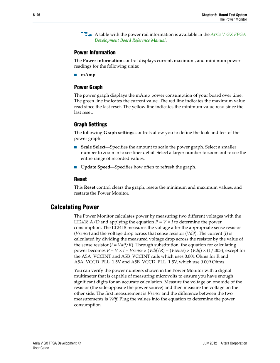 Power information, Power graph, Graph settings | Reset, Calculating power, Calculating power –26 | Altera Arria V GX FPGA User Manual | Page 48 / 60