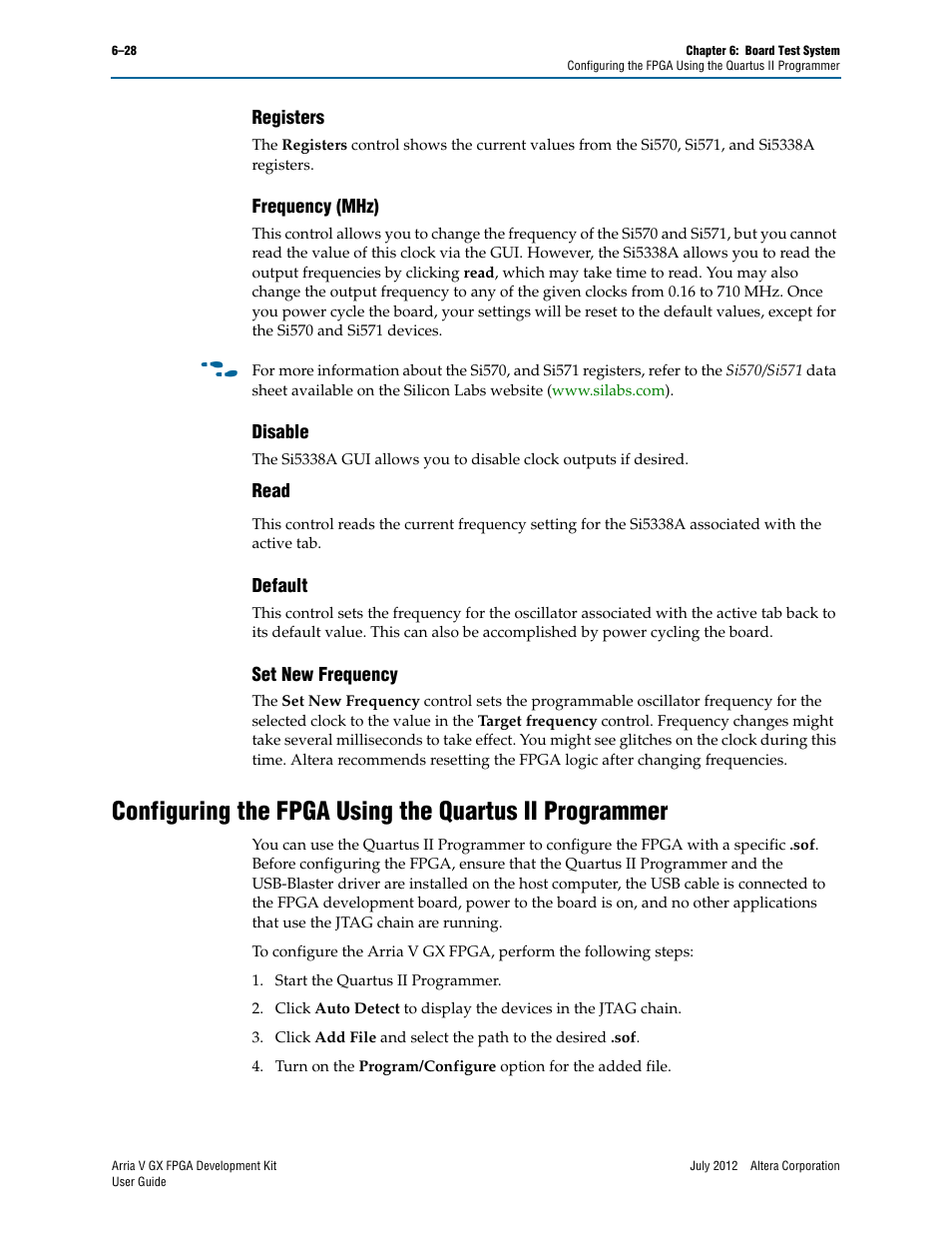 Registers, Frequency (mhz), Disable | Default, Set new frequency | Altera Arria V GX FPGA User Manual | Page 50 / 60