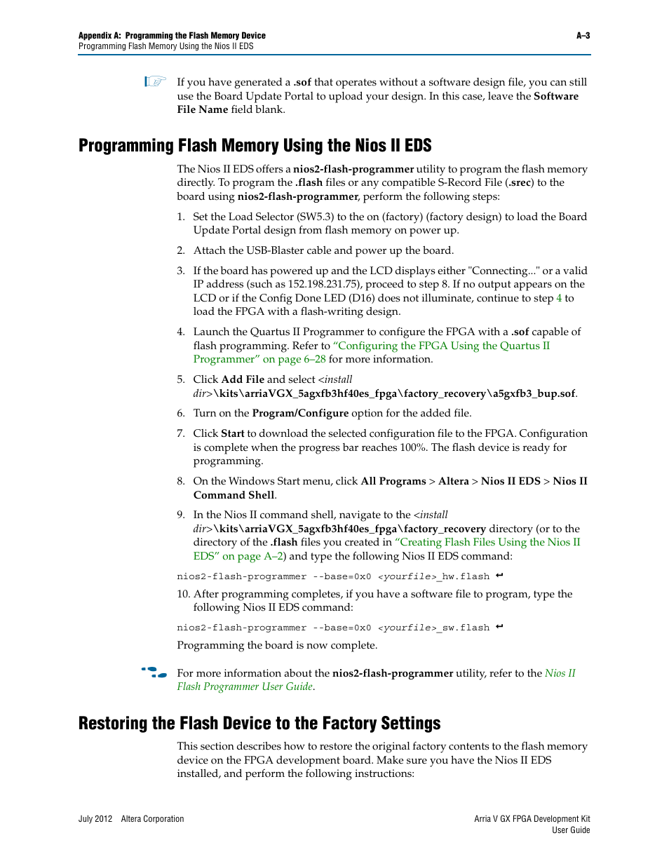 Programming flash memory using the nios ii eds, Restoring the flash device to the factory settings, Restoring the flash | To r, Restoring the flash device, Fer to, Restoring the | Altera Arria V GX FPGA User Manual | Page 55 / 60