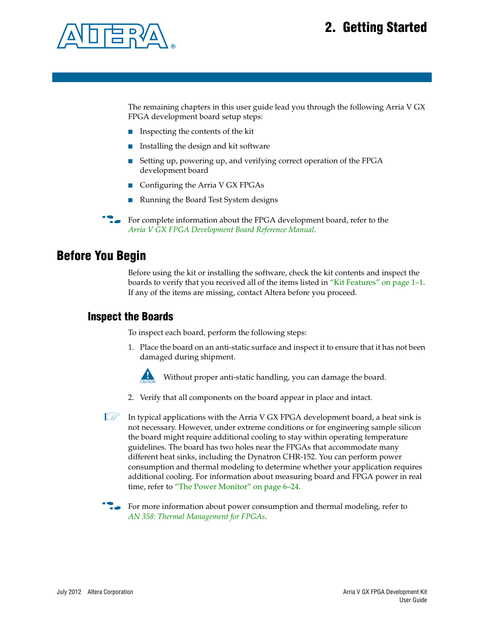 Getting started, Before you begin, Inspect the boards | Chapter 2. getting started, Before you begin –1, Inspect the boards –1 | Altera Arria V GX FPGA User Manual | Page 9 / 60