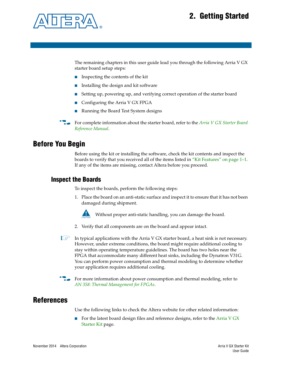 Getting started, Before you begin, Inspect the boards | References, Chapter 2. getting started, Before you begin –1, Inspect the boards –1, References –1 | Altera Arria V GX User Manual | Page 11 / 52