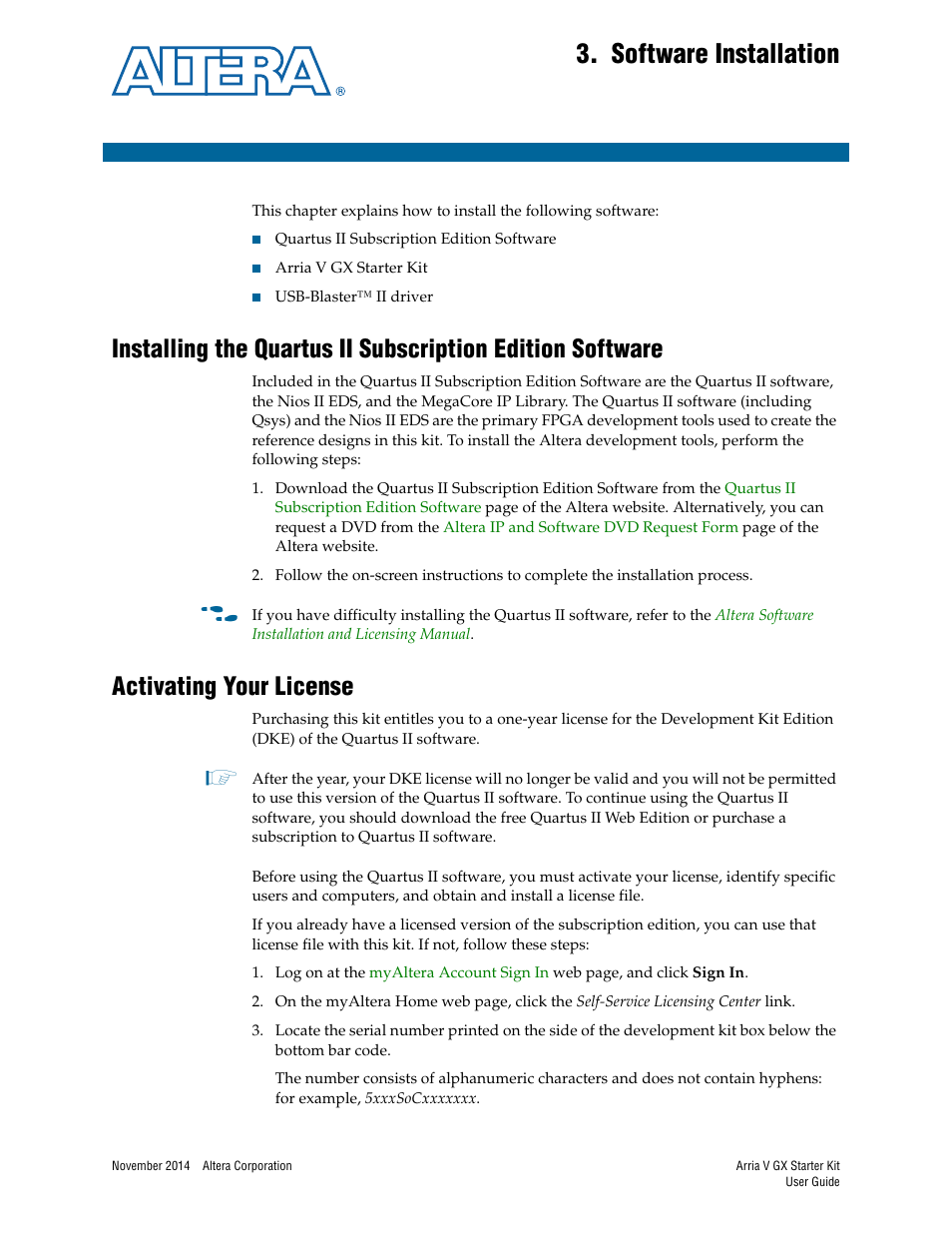 Software installation, Activating your license, Chapter 3. software installation | Altera Arria V GX User Manual | Page 13 / 52