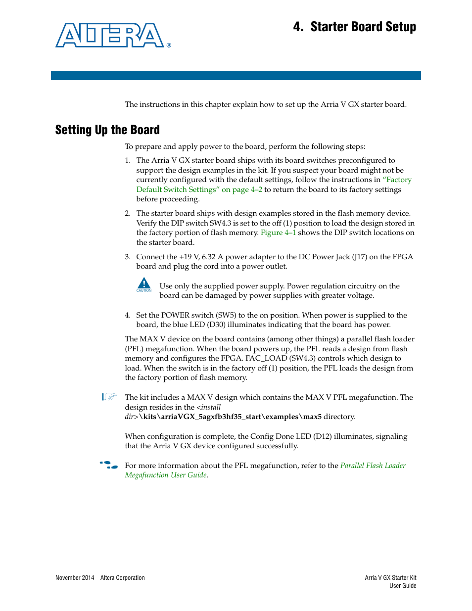 Starter board setup, Setting up the board, Chapter 4. starter board setup | Setting up the board –1 | Altera Arria V GX User Manual | Page 17 / 52