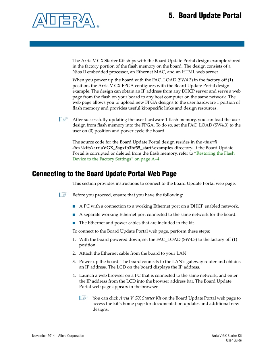 Board update portal, Chapter 5. board update portal, Connecting to the board update portal web page | Altera Arria V GX User Manual | Page 21 / 52