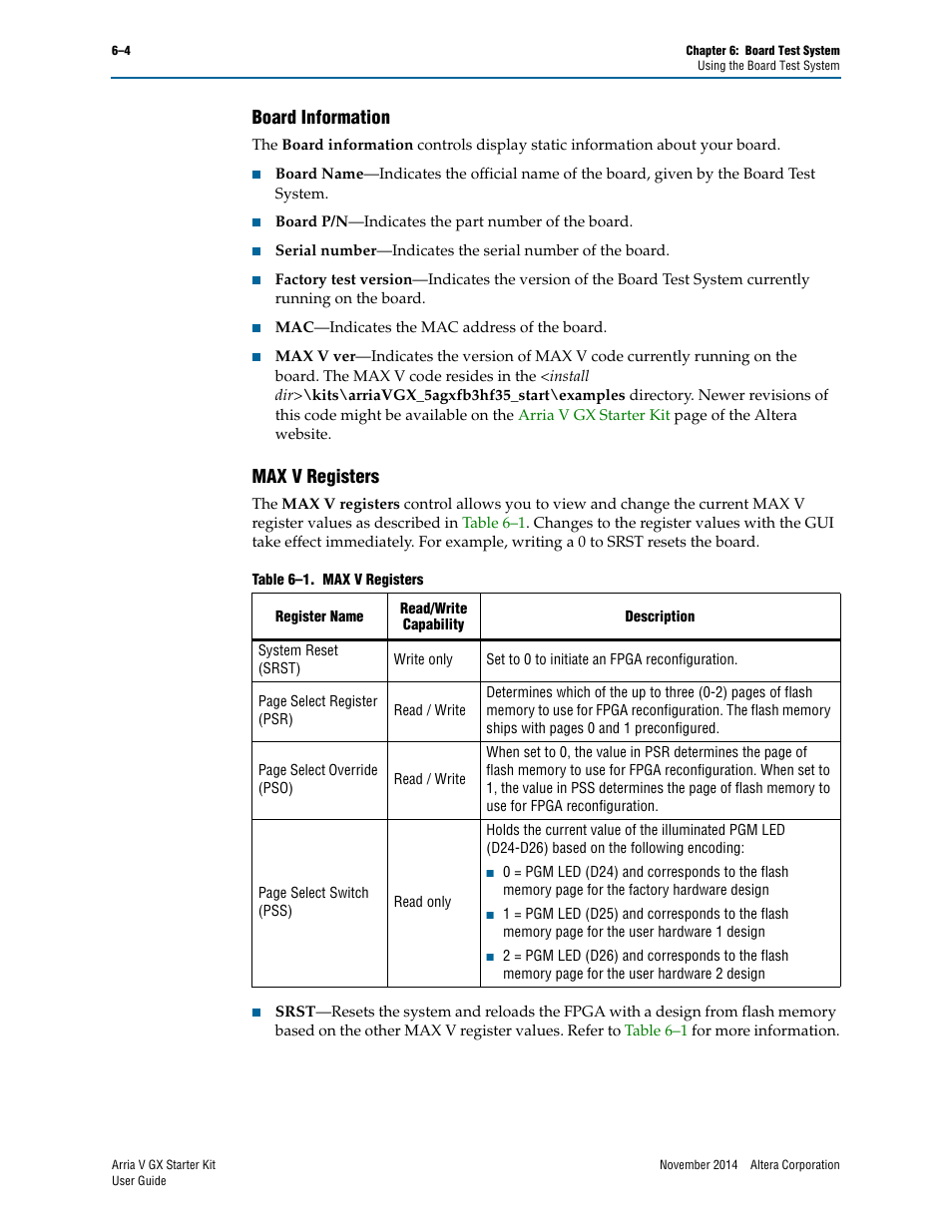 Board information, Max v registers, Board information –4 max v registers –4 | Altera Arria V GX User Manual | Page 26 / 52