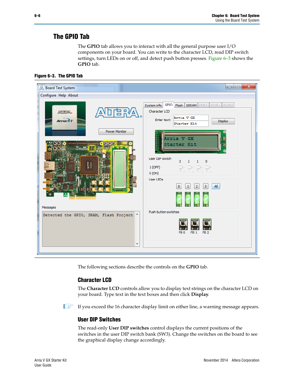 The gpio tab, Character lcd, User dip switches | The gpio tab –6, Character lcd –6 user dip switches –6 | Altera Arria V GX User Manual | Page 28 / 52