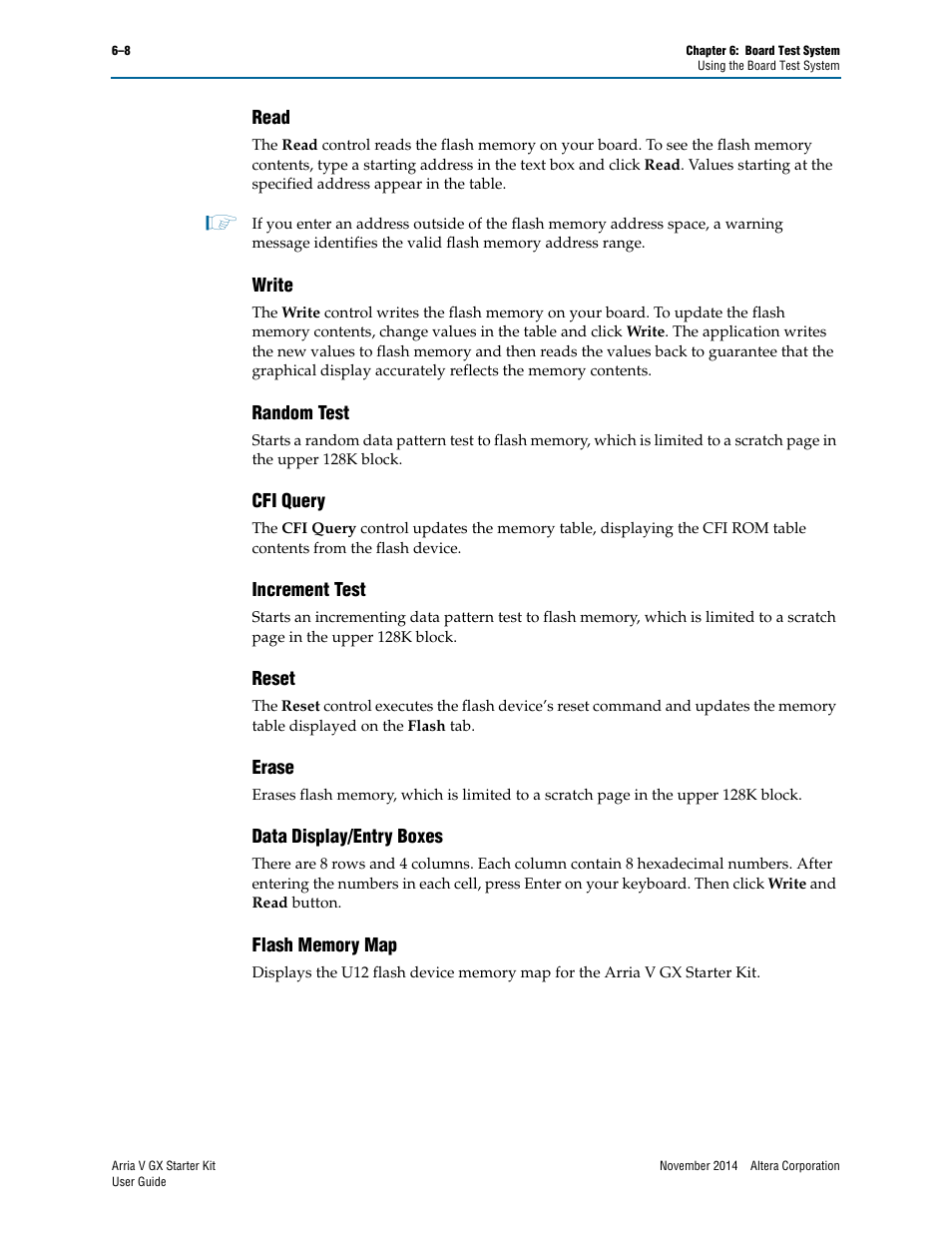 Read, Write, Random test | Cfi query, Increment test, Reset, Erase, Data display/entry boxes, Flash memory map | Altera Arria V GX User Manual | Page 30 / 52