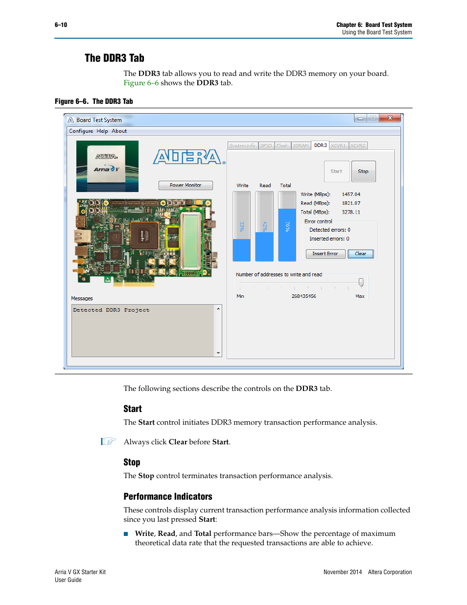 The ddr3 tab, Start, Stop | Performance indicators, The ddr3 tab –10, Start –10 stop –10 performance indicators –10 | Altera Arria V GX User Manual | Page 32 / 52