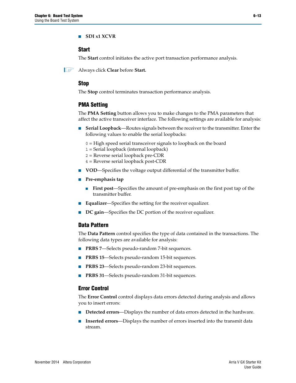 Start, Stop, Pma setting | Data pattern, Error control | Altera Arria V GX User Manual | Page 35 / 52