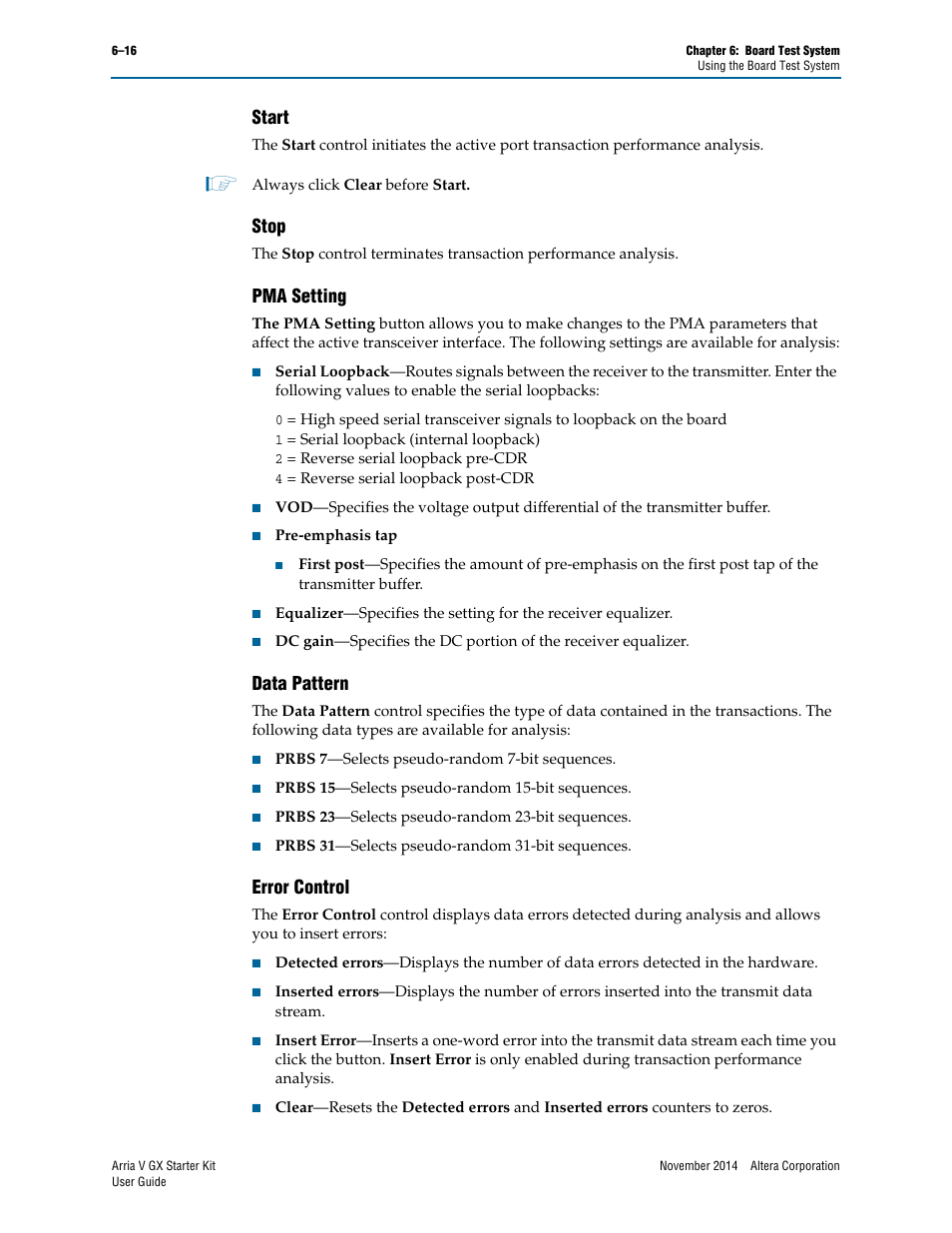 Start, Stop, Pma setting | Data pattern, Error control | Altera Arria V GX User Manual | Page 38 / 52