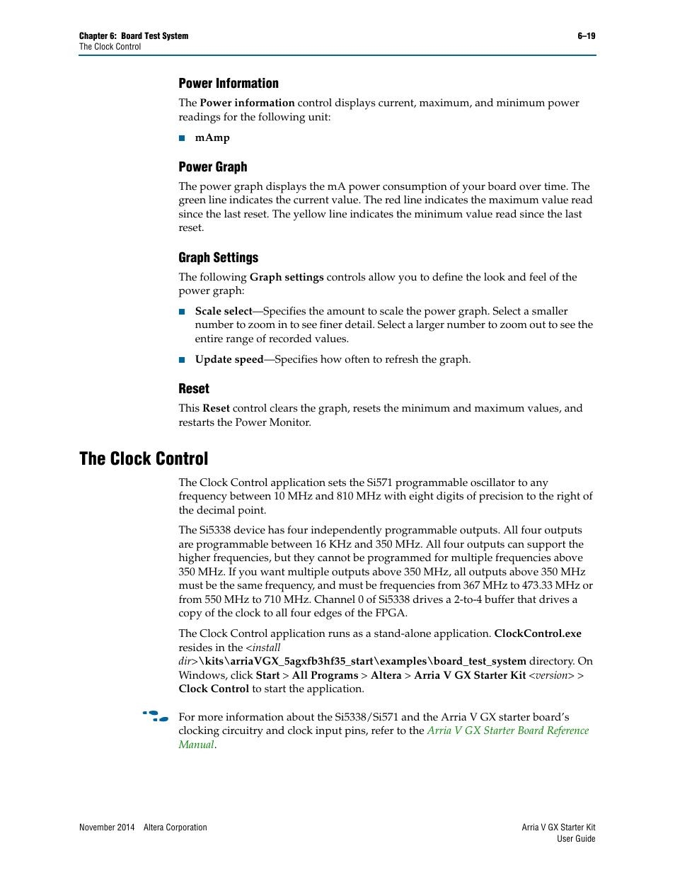 Power information, Power graph, Graph settings | Reset, The clock control, The clock control –19 | Altera Arria V GX User Manual | Page 41 / 52