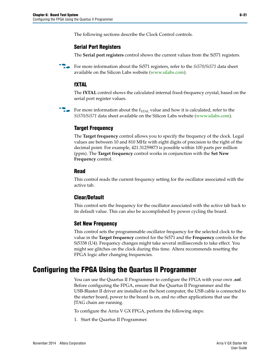 Serial port registers, Fxtal, Target frequency | Read, Clear/default, Set new frequency | Altera Arria V GX User Manual | Page 43 / 52